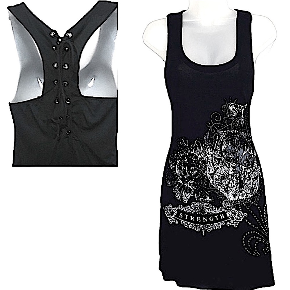 Y2K S-Twelve Beaded Beaded Tattoo Style Lace Up Back Mini Dress Black Gray M